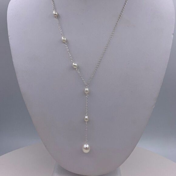 NWOT sterling necklace, real pearls, 10 1/2 inch drop, feminine, classic - Picture 1 of 16